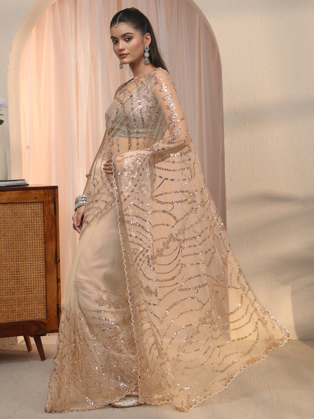 Libas Art Taupe Sequin Embellished Net Saree with Scalloped Border