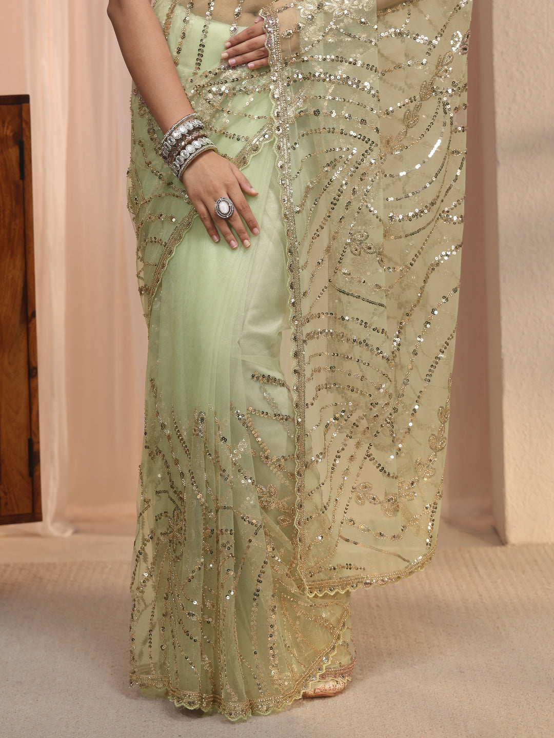 Libas Art Green Sequin Embellished Net Saree with Scalloped Border