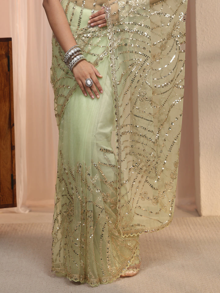 Libas Art Green Sequin Embellished Net Saree with Scalloped Border