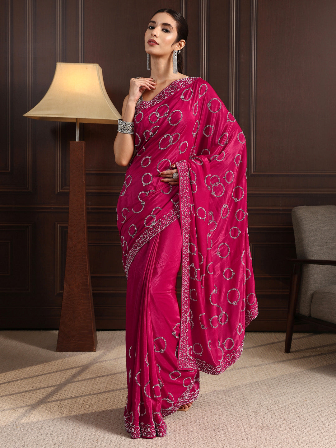 Libas Pink Stone Work Embellished Satin Saree