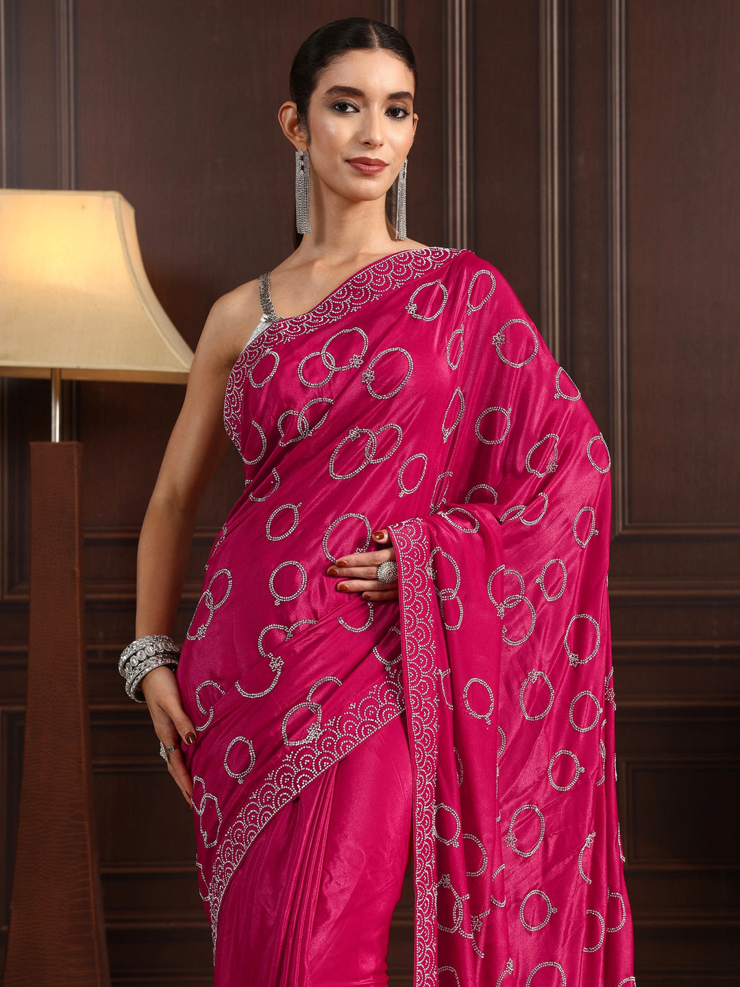 Libas Pink Stone Work Embellished Satin Saree