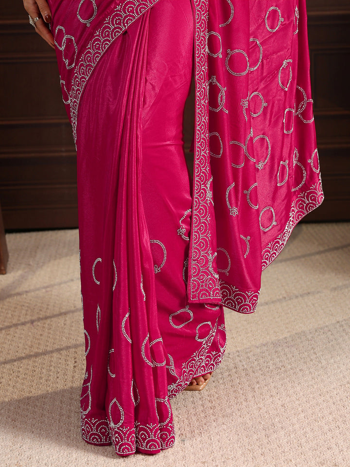 Libas Pink Stone Work Embellished Satin Saree