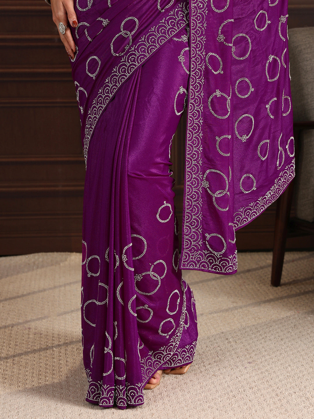 Libas Burgundy Stone Work Embellished Satin Saree