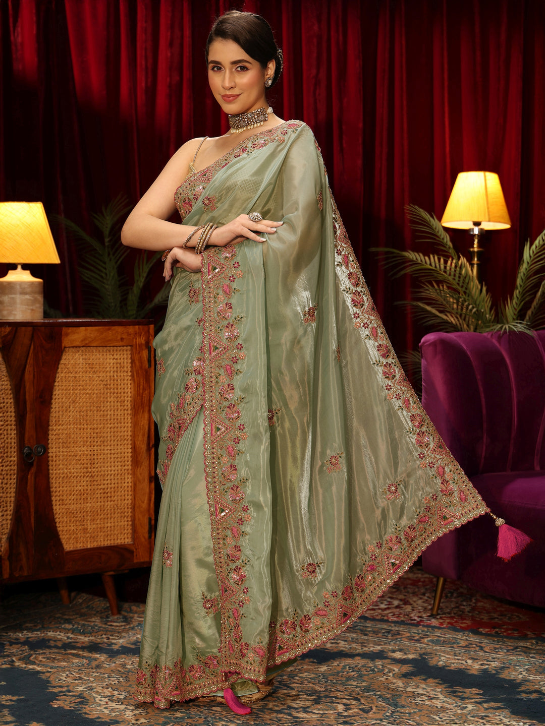 Libas Green Floral Satin Saree with Embroidered Border