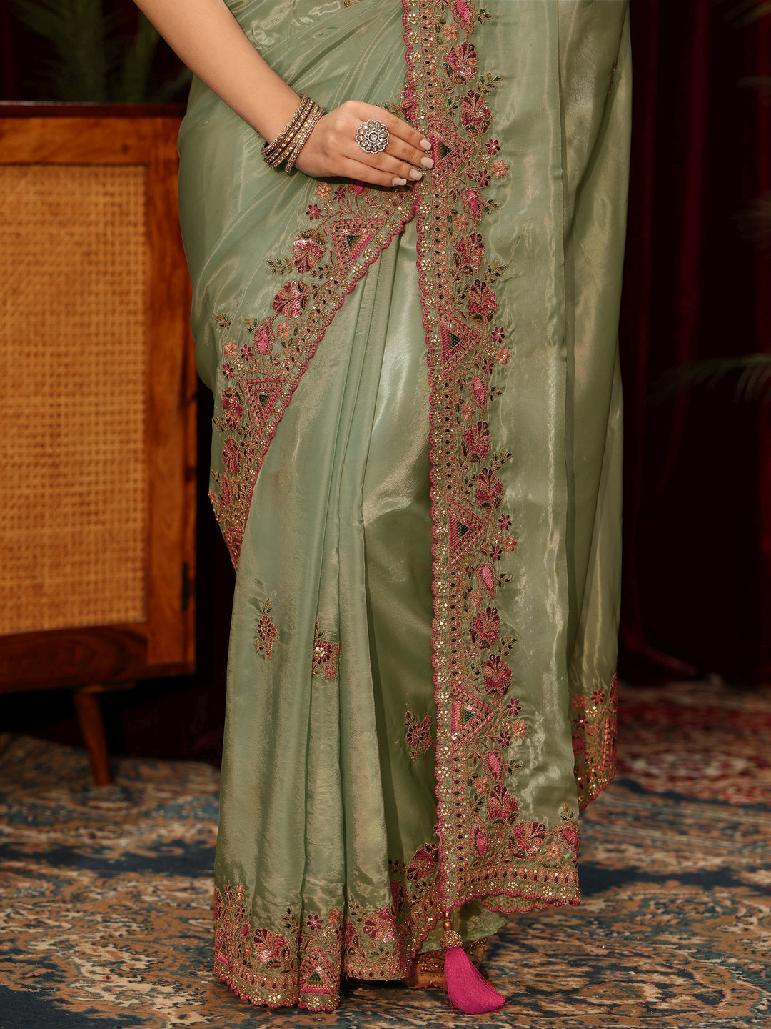 Libas Green Floral Satin Saree with Embroidered Border