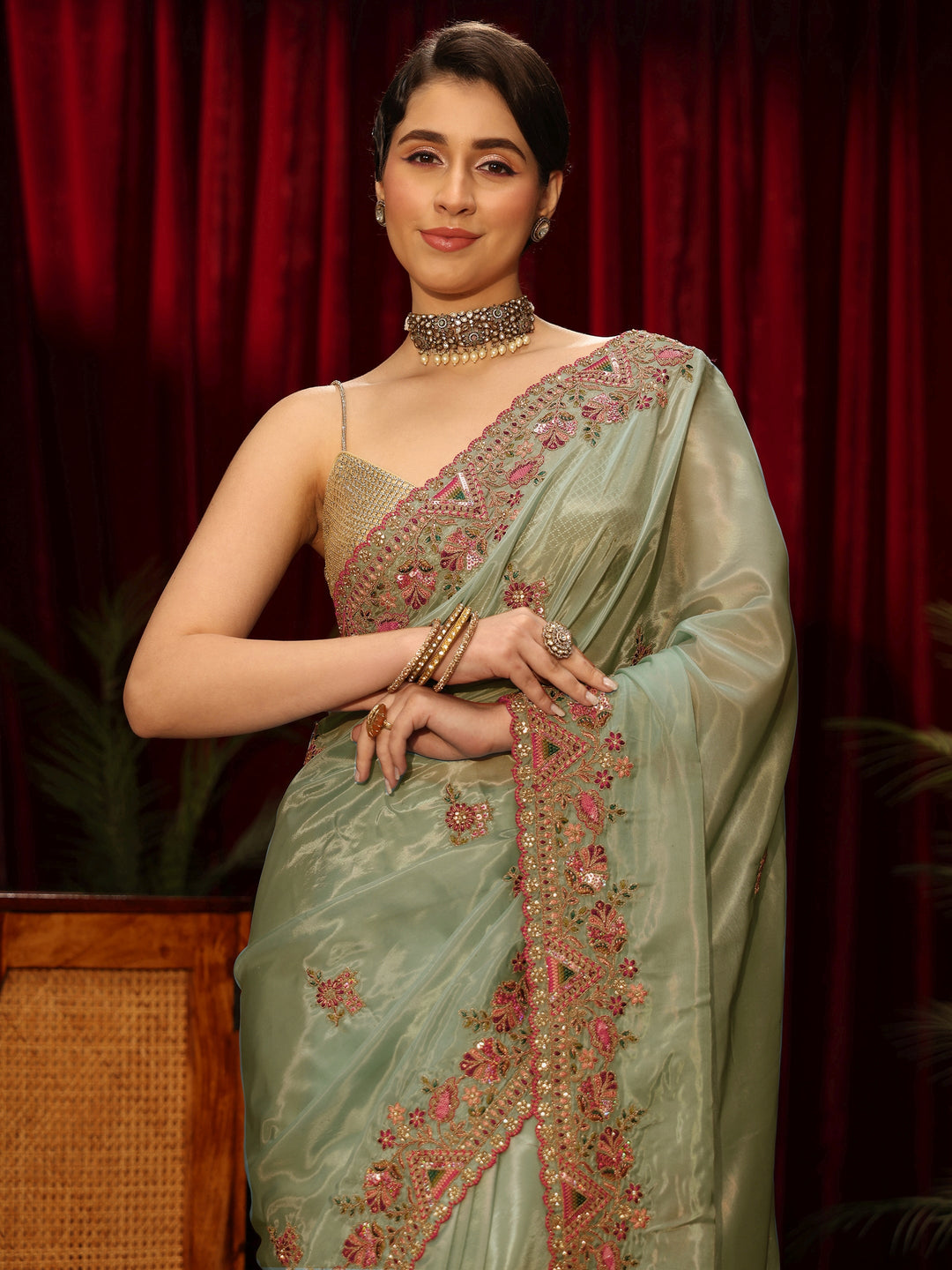 Libas Green Floral Satin Saree with Embroidered Border