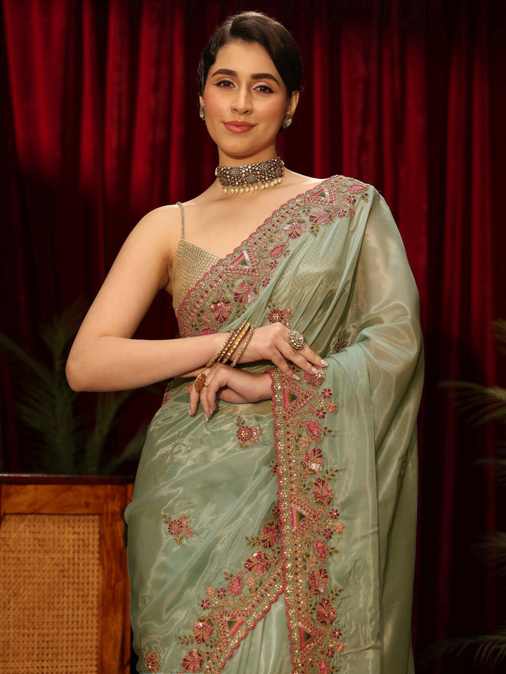 Libas Green Floral Satin Saree with Embroidered Border