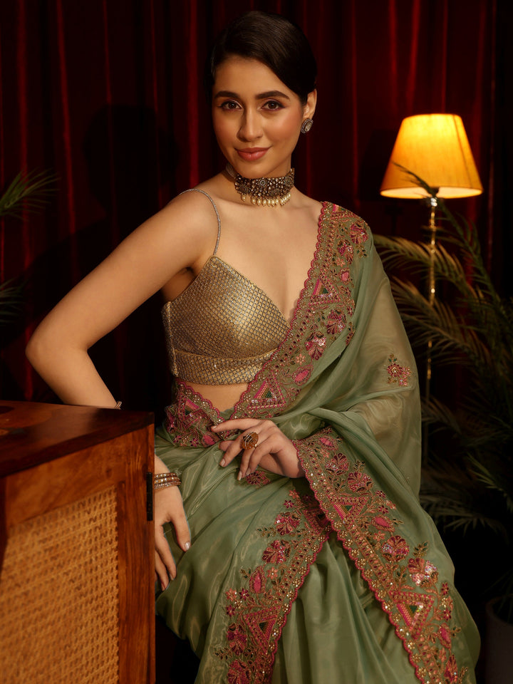 Libas Green Floral Satin Saree with Embroidered Border