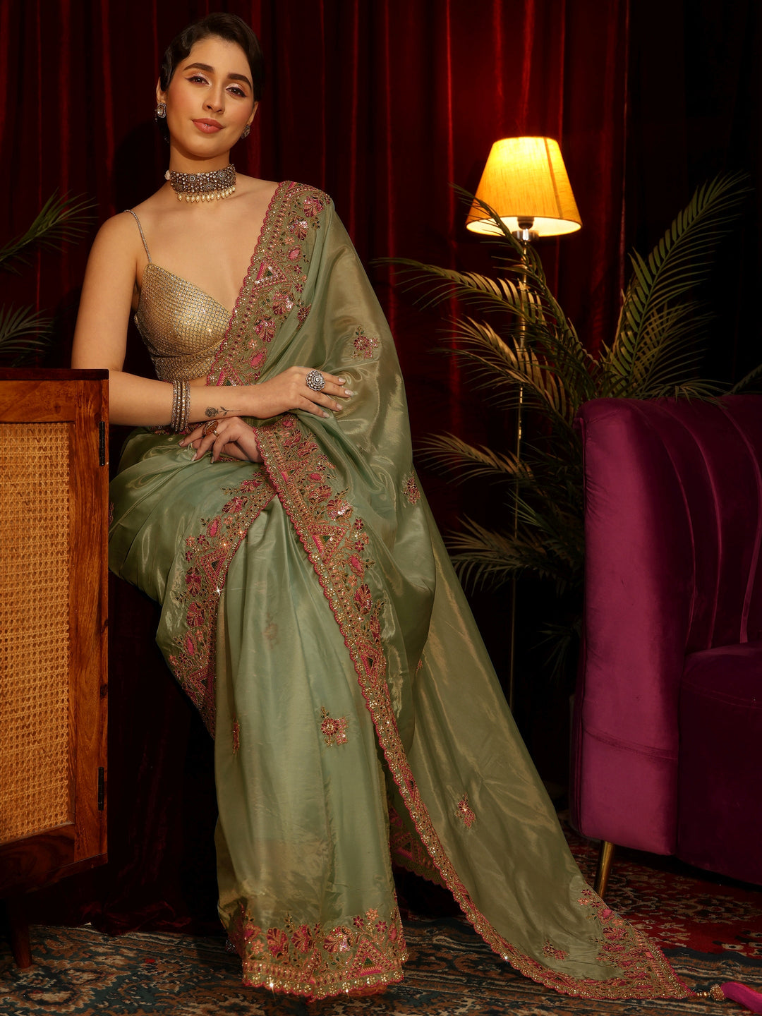 Libas Green Floral Satin Saree with Embroidered Border