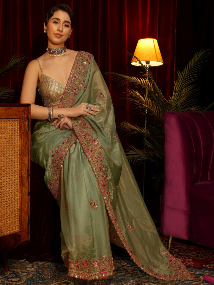 Libas Green Floral Satin Saree with Embroidered Border
