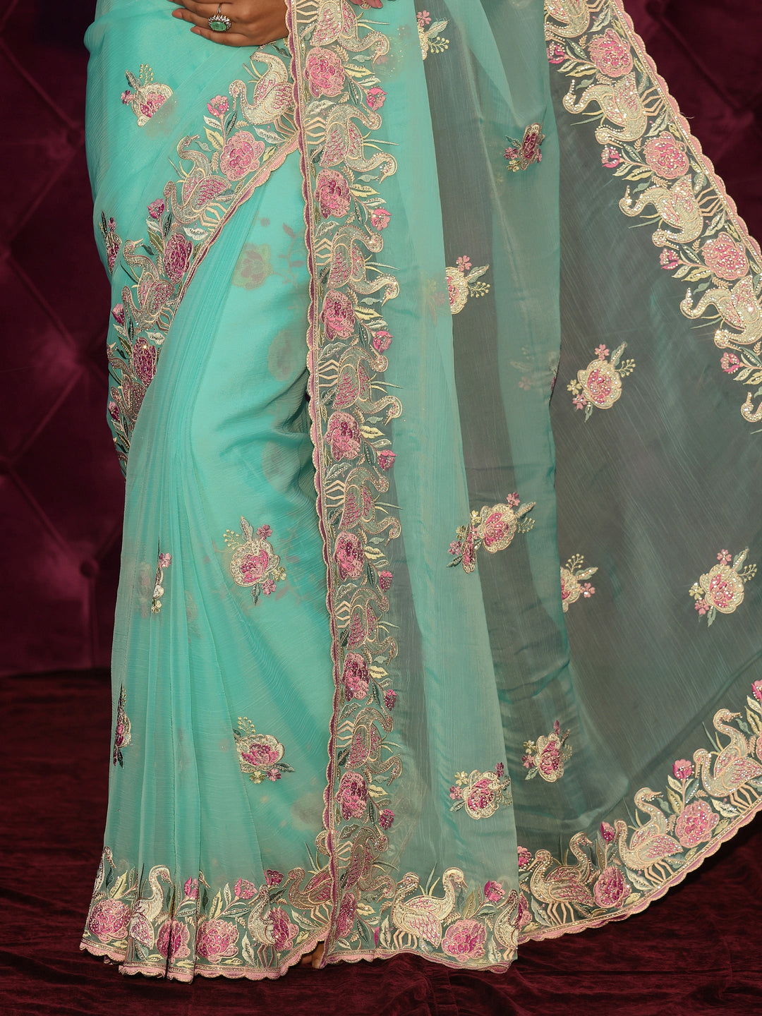 Libas Sea Green Floral Stone Work Embellished Tissue Saree