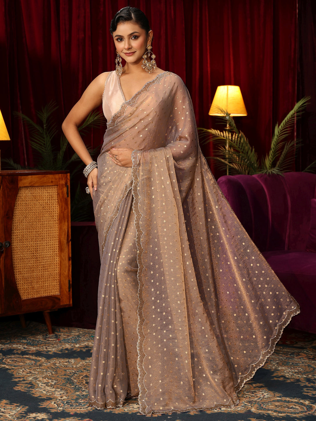 Libas Taupe Tissue Saree with Embellished Border
