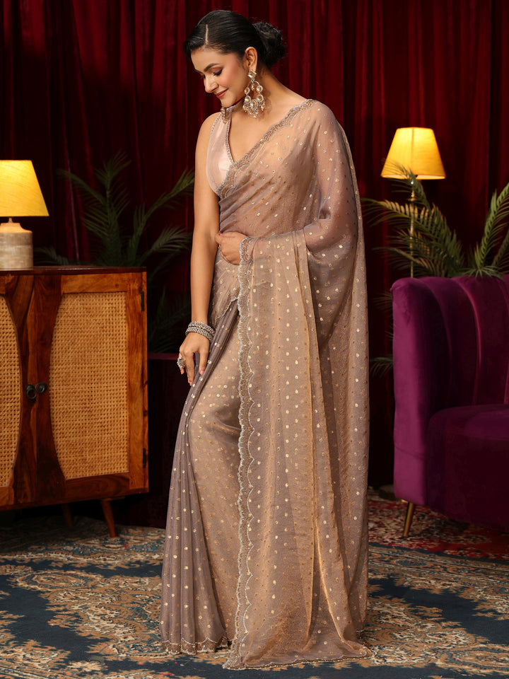 Libas Taupe Tissue Saree with Embellished Border
