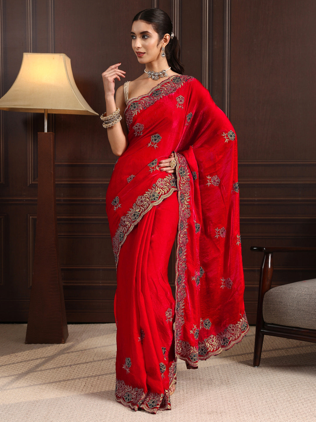 Libas Red Floral Stone Work Embellished Tissue Saree