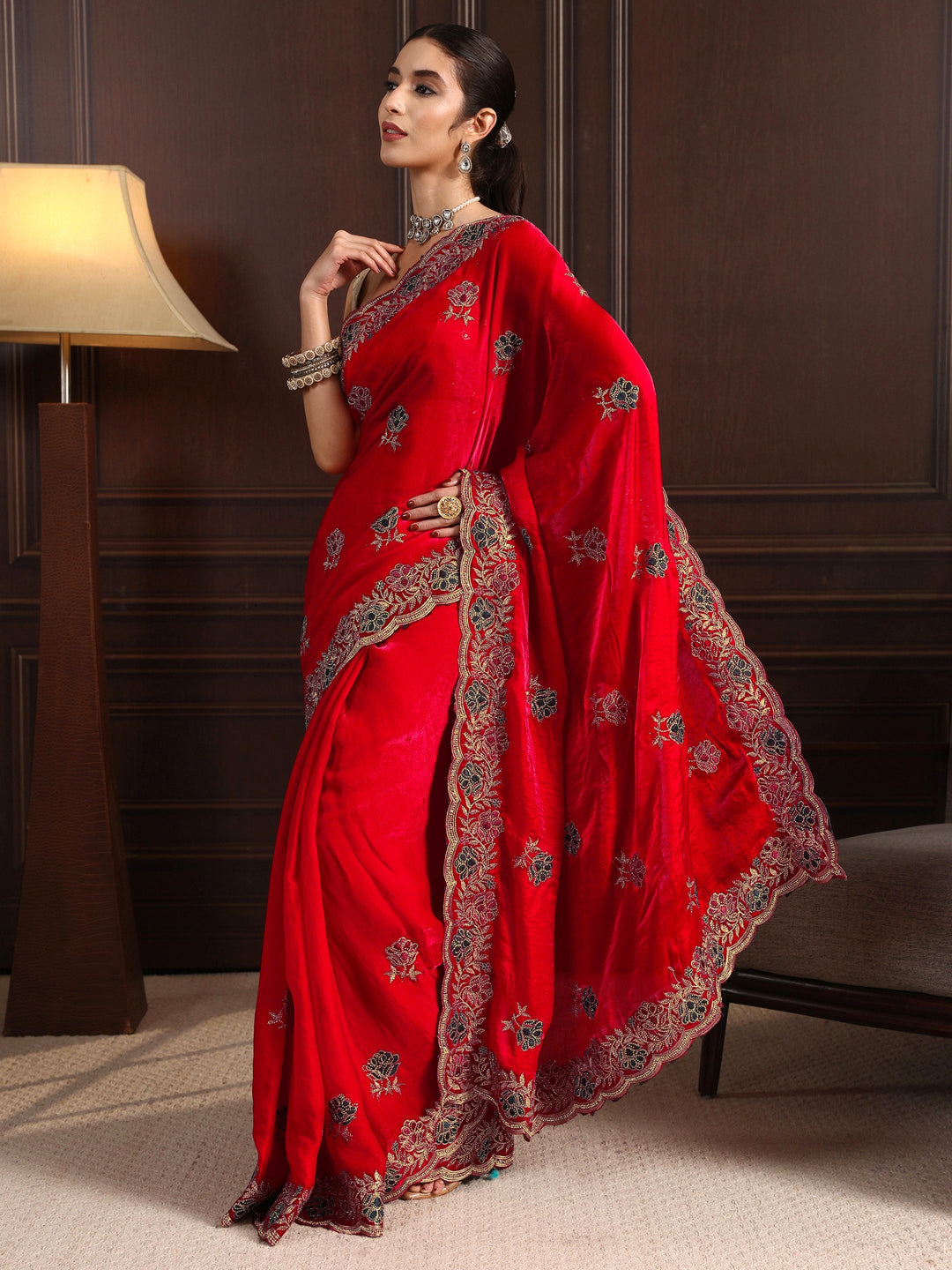 Libas Red Floral Stone Work Embellished Tissue Saree