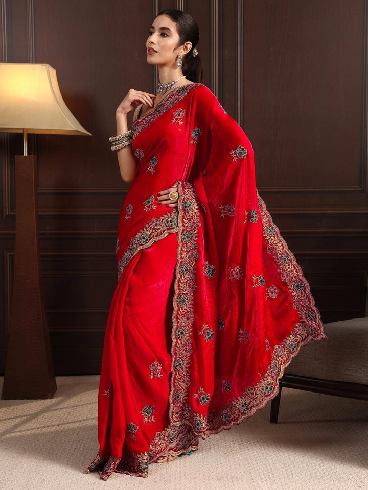 Libas Red Floral Stone Work Embellished Tissue Saree