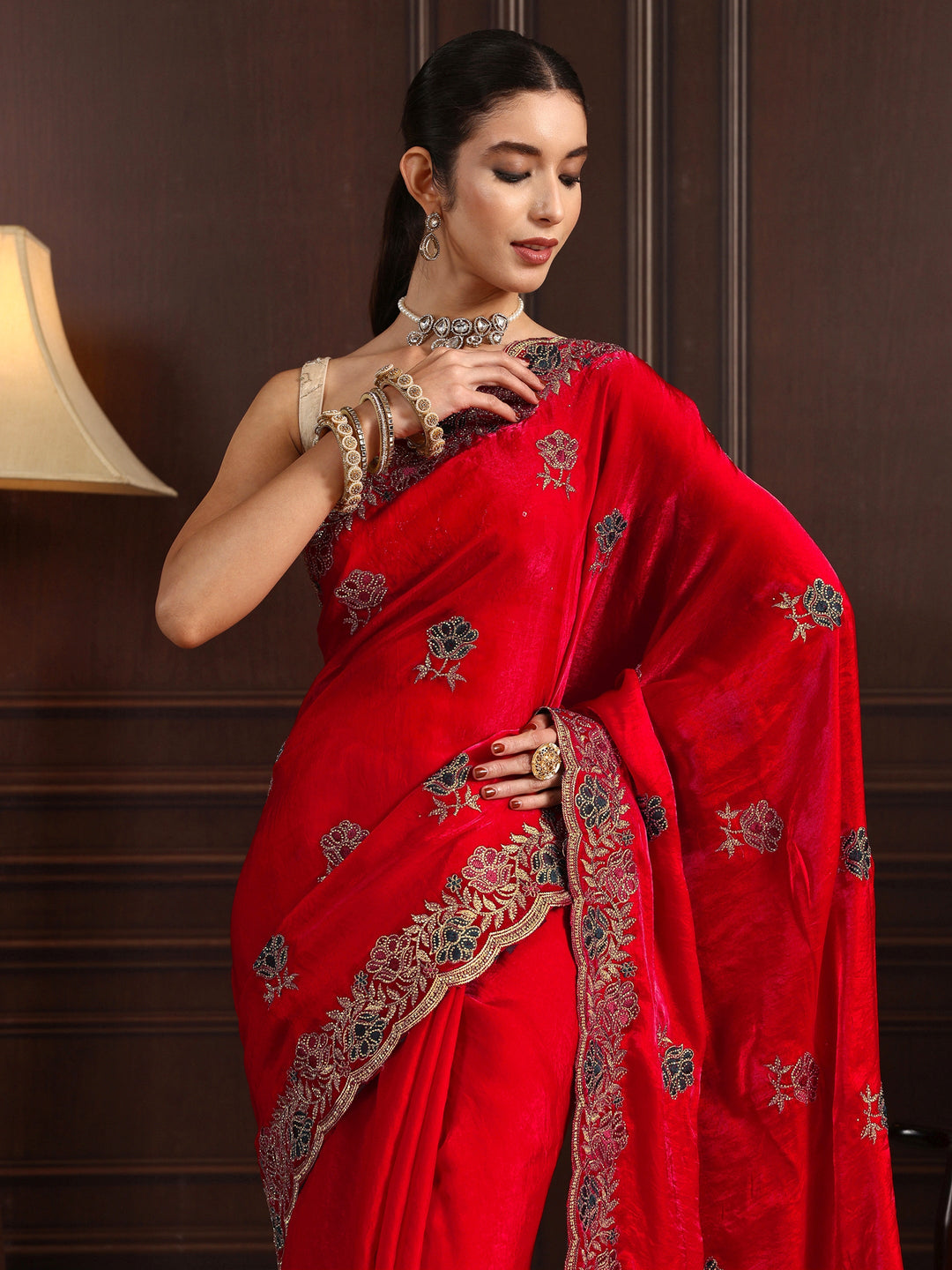 Libas Red Floral Stone Work Embellished Tissue Saree