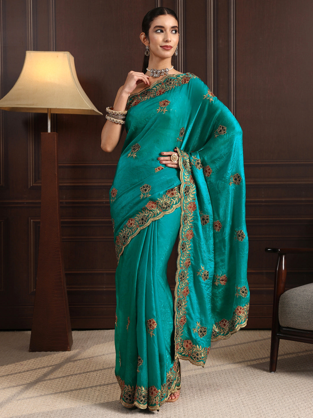 Libas Sea Green Floral Stone Work Embellished Tissue Saree