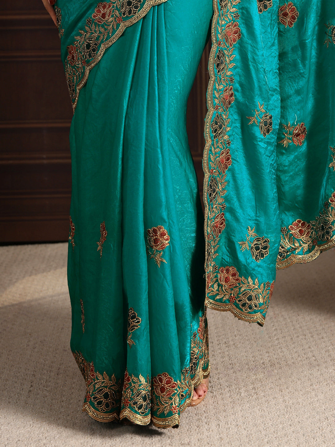 Libas Sea Green Floral Stone Work Embellished Tissue Saree