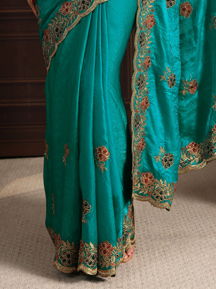 Libas Sea Green Floral Stone Work Embellished Tissue Saree