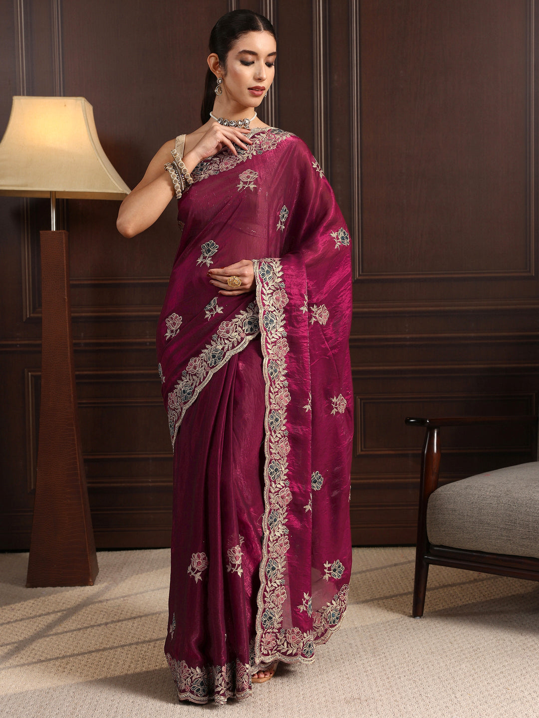 Libas Maroon Floral Stone Work Embellished Tissue Saree