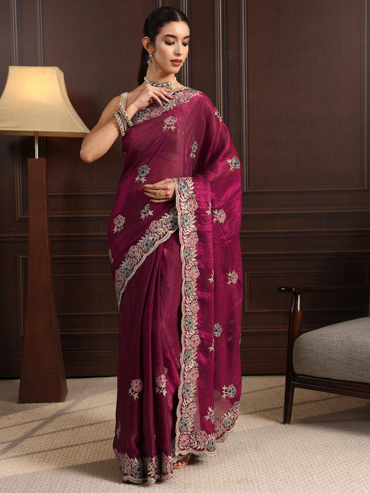 Libas Maroon Floral Stone Work Embellished Tissue Saree