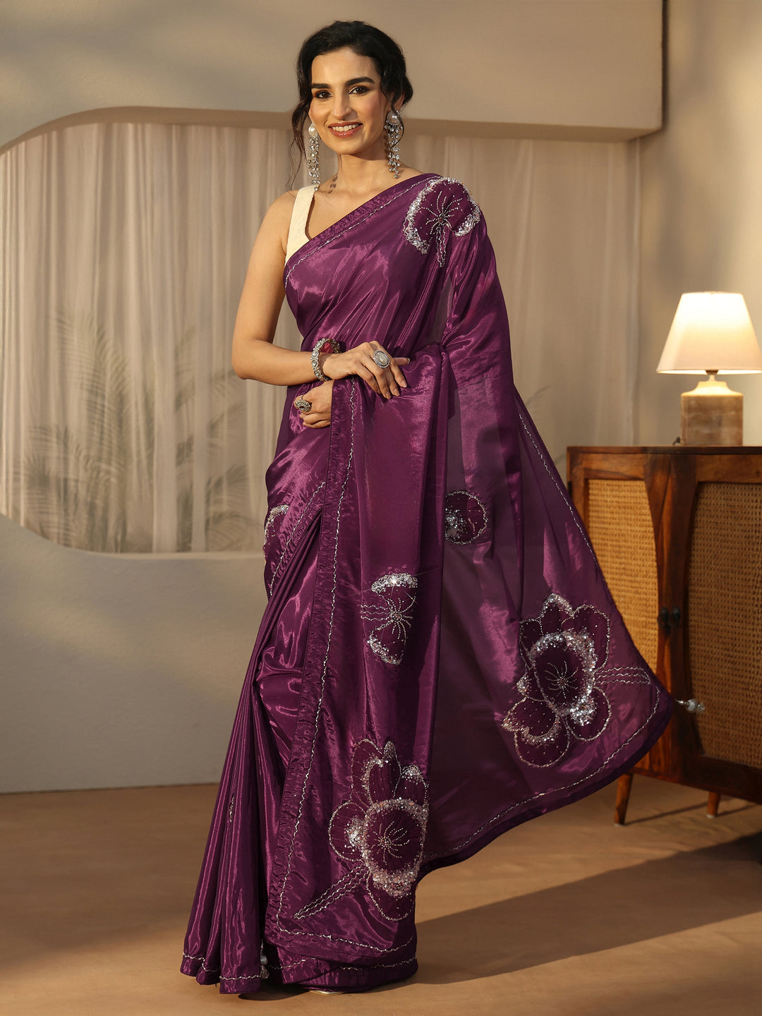 Libas Burgundy Embellished Satin Saree with Applique Design