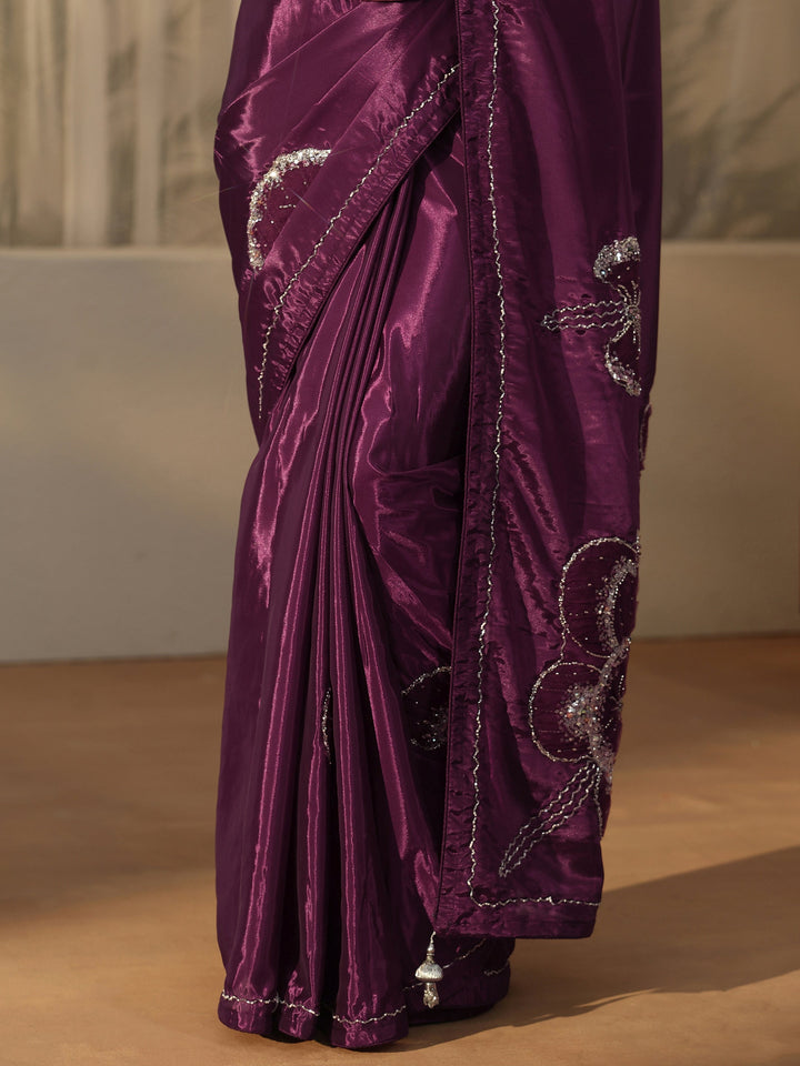 Libas Burgundy Embellished Satin Saree with Applique Design