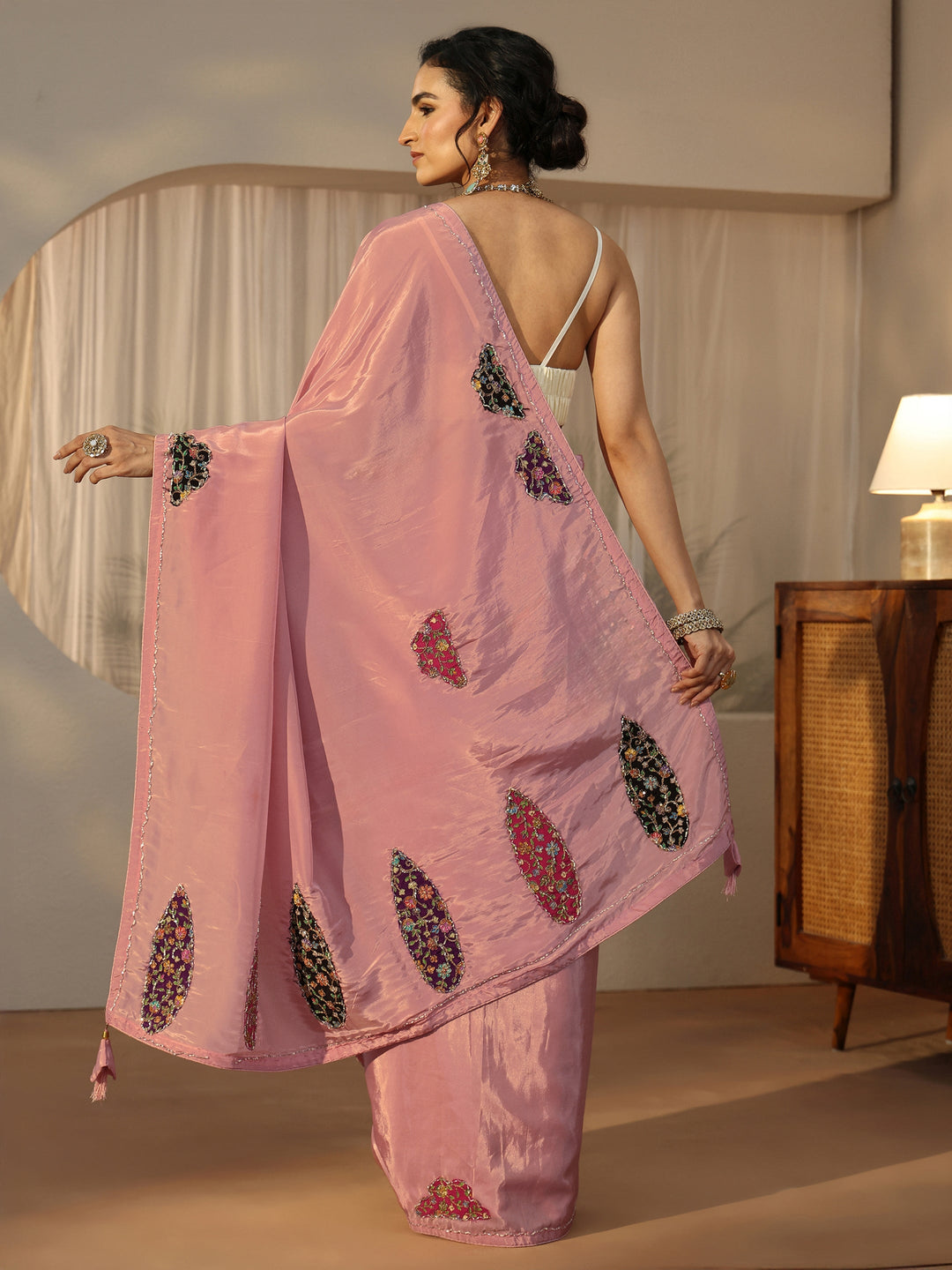 Libas Pink Embellished Satin Saree with Applique Design