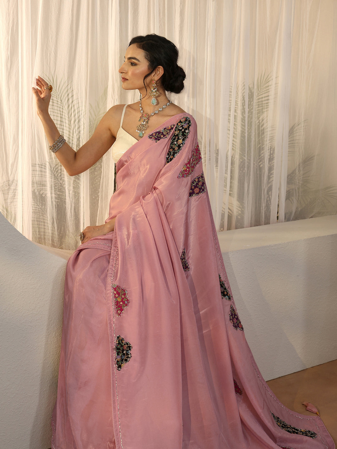 Libas Pink Embellished Satin Saree with Applique Design