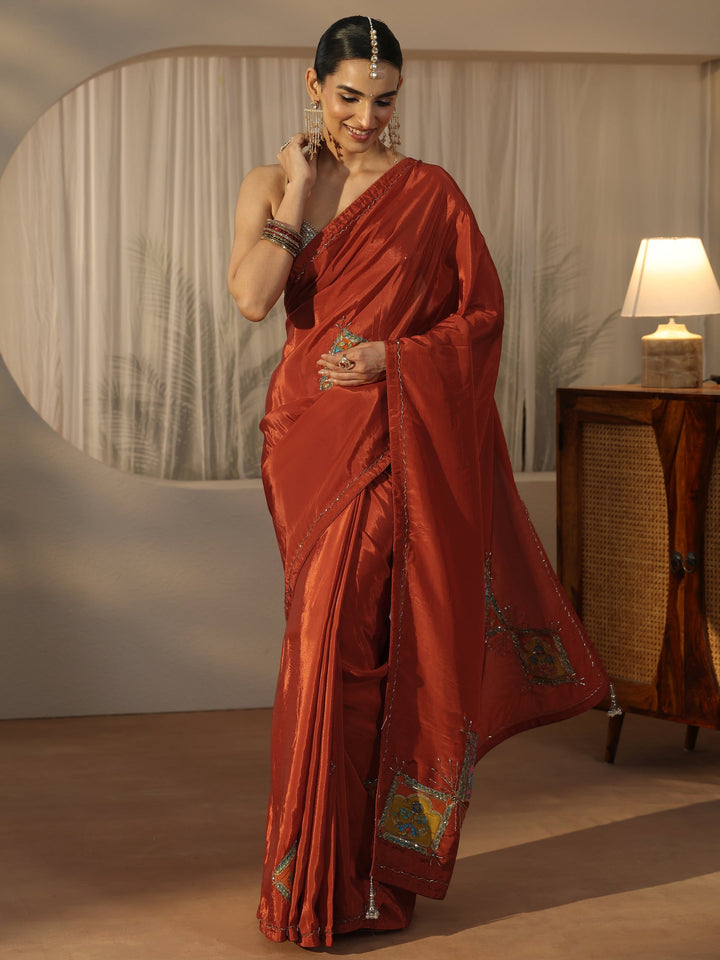 Libas Rust Brown Satin Saree with Applique Design