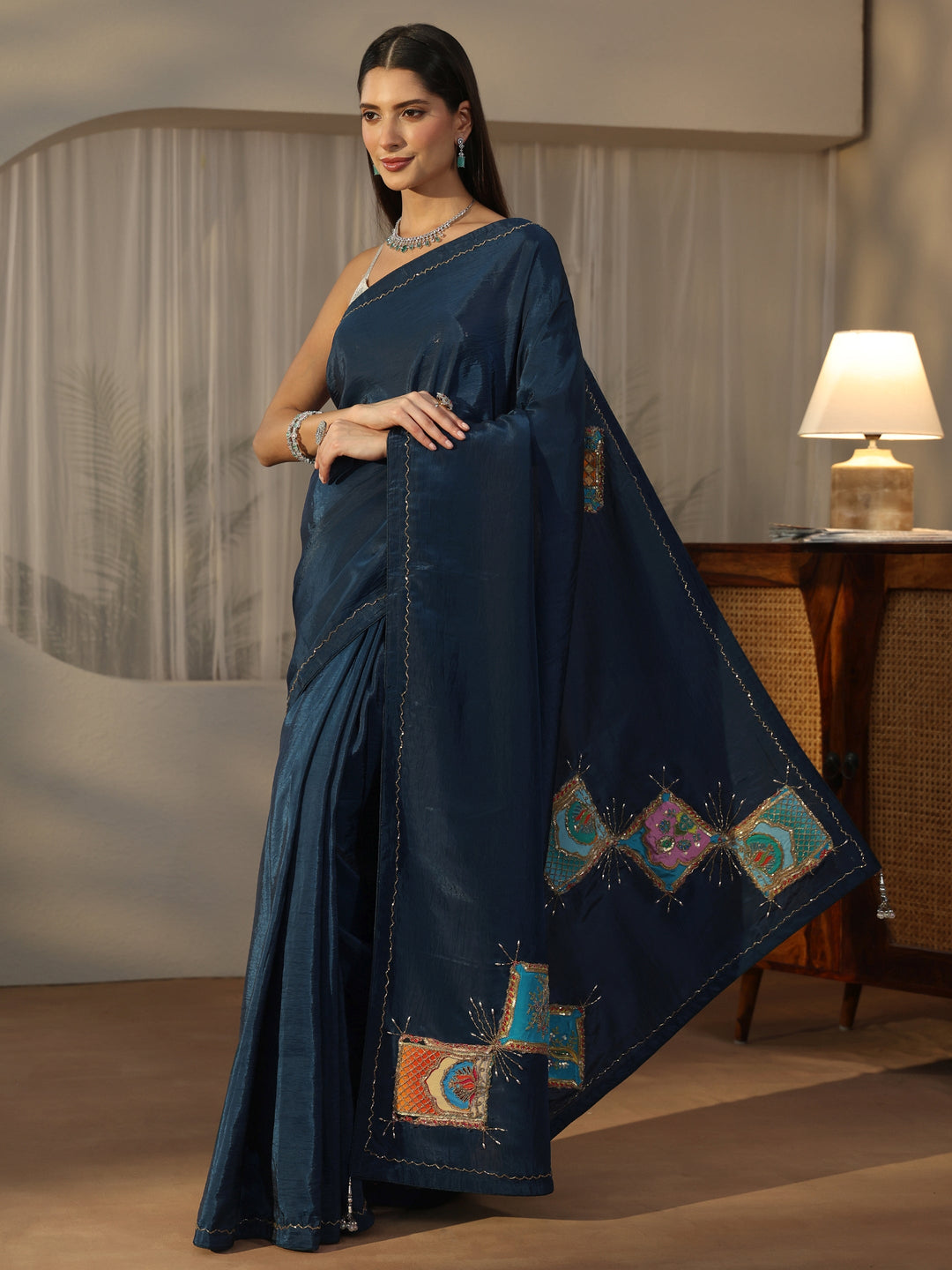Libas Teal Blue Satin Saree with Applique Design