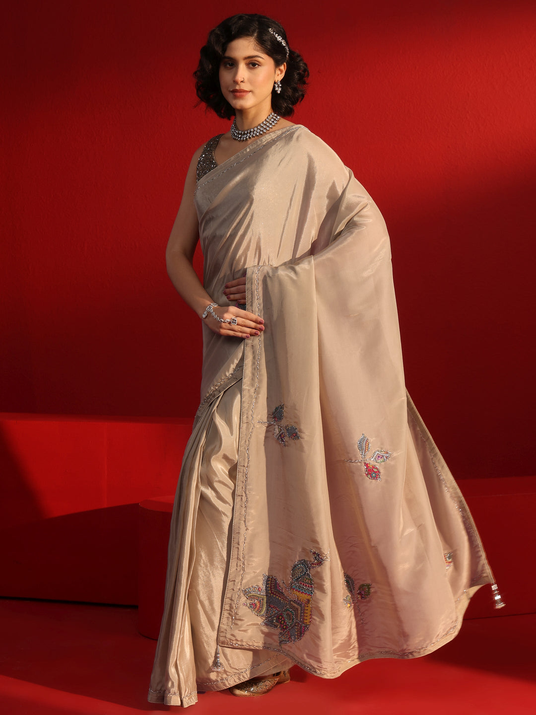 Libas Taupe Embellished Satin Saree with Applique Work