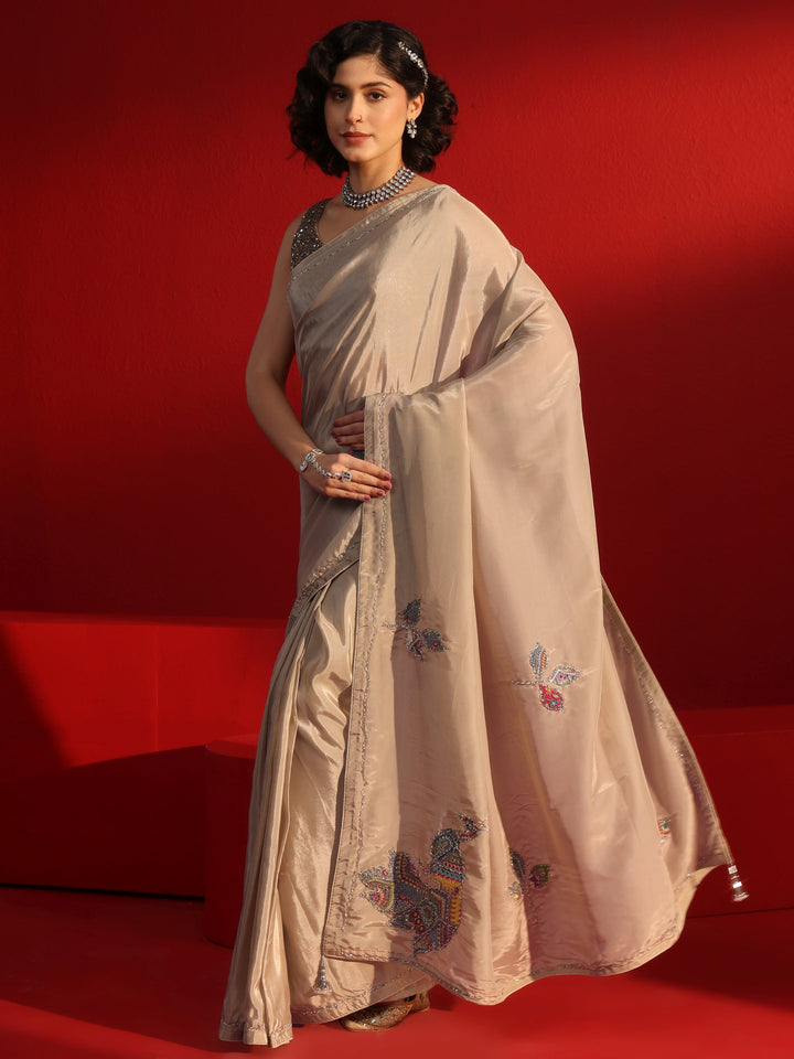 Libas Taupe Embellished Satin Saree with Applique Work