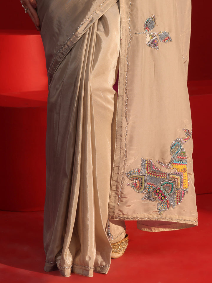 Libas Taupe Embellished Satin Saree with Applique Work