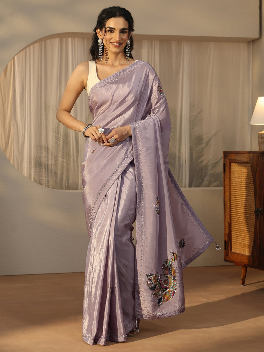 Libas Lavender Embellished Satin Saree with Applique Design