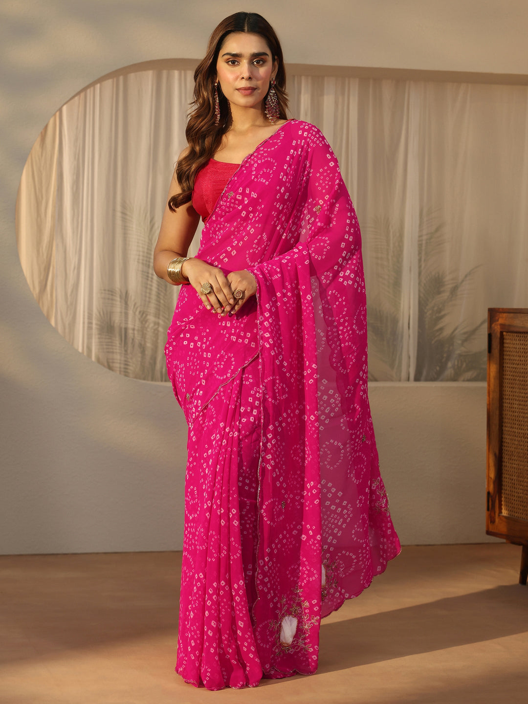 Libas Pink Bandhani Printed Chiffon Saree with Applique Design
