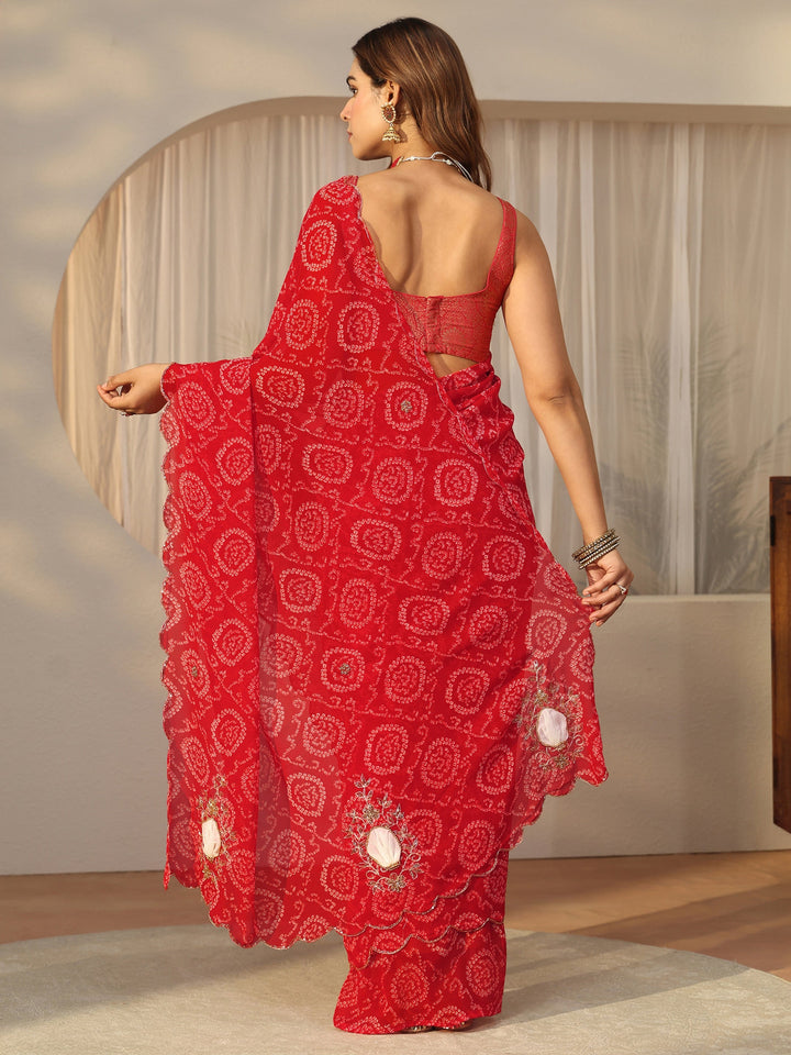 Libas Red Bandhani Printed Chiffon Saree with Applique Design