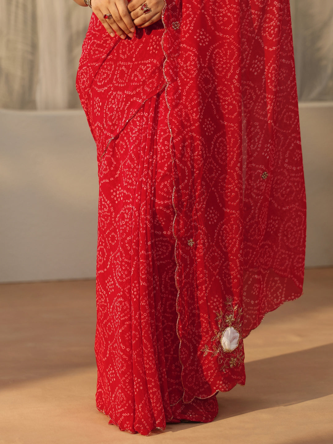 Libas Red Bandhani Printed Chiffon Saree with Applique Design
