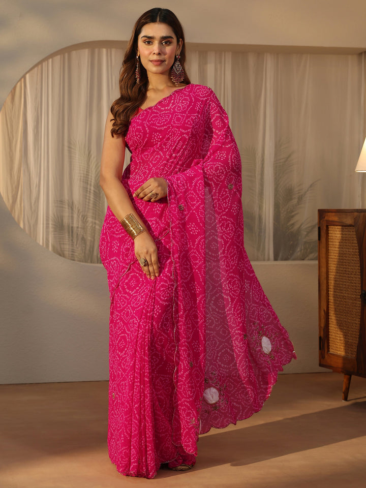 Libas Magenta Pink Bandhani Printed Chiffon Saree with Applique Design