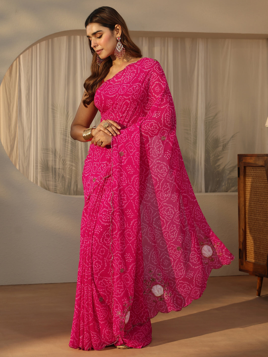 Libas Magenta Pink Bandhani Printed Chiffon Saree with Applique Design