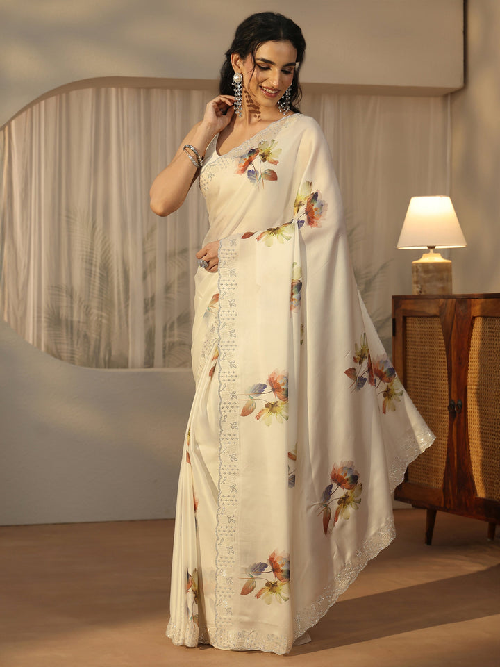Libas Cream Floral Printed Satin Saree with Embellished Border