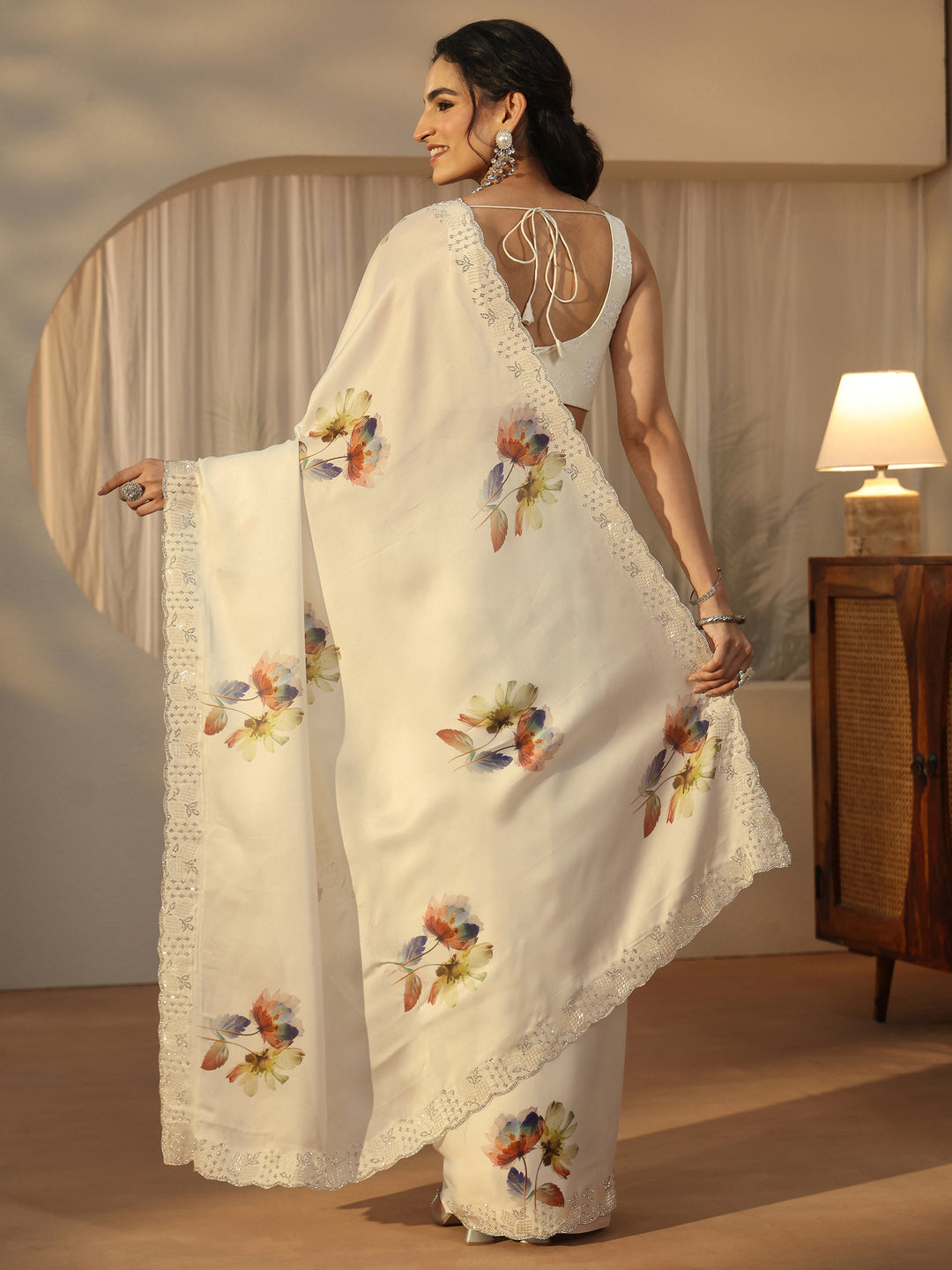 Libas Cream Floral Printed Satin Saree with Embellished Border