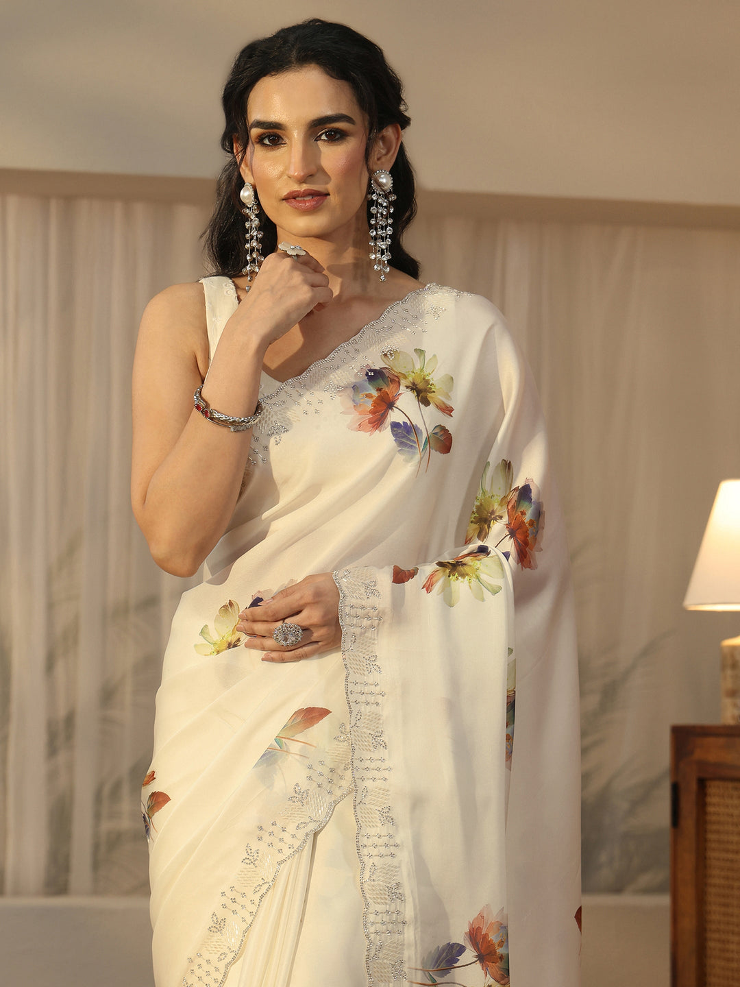 Libas Cream Floral Printed Satin Saree with Embellished Border