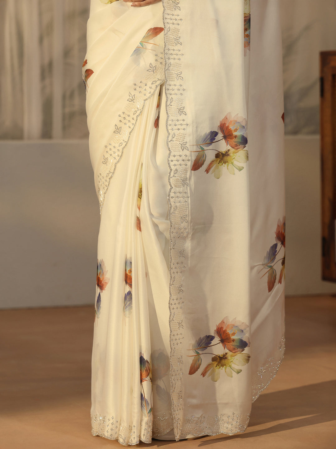 Libas Cream Floral Printed Satin Saree with Embellished Border