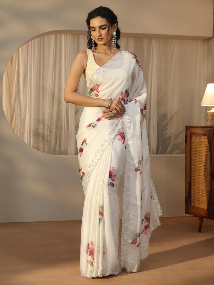 Libas Cream Floral Printed Satin Saree with Embellished Border