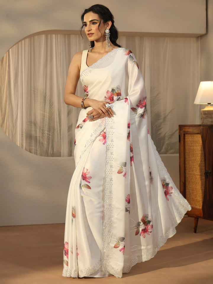 Libas Cream Floral Printed Satin Saree with Embellished Border