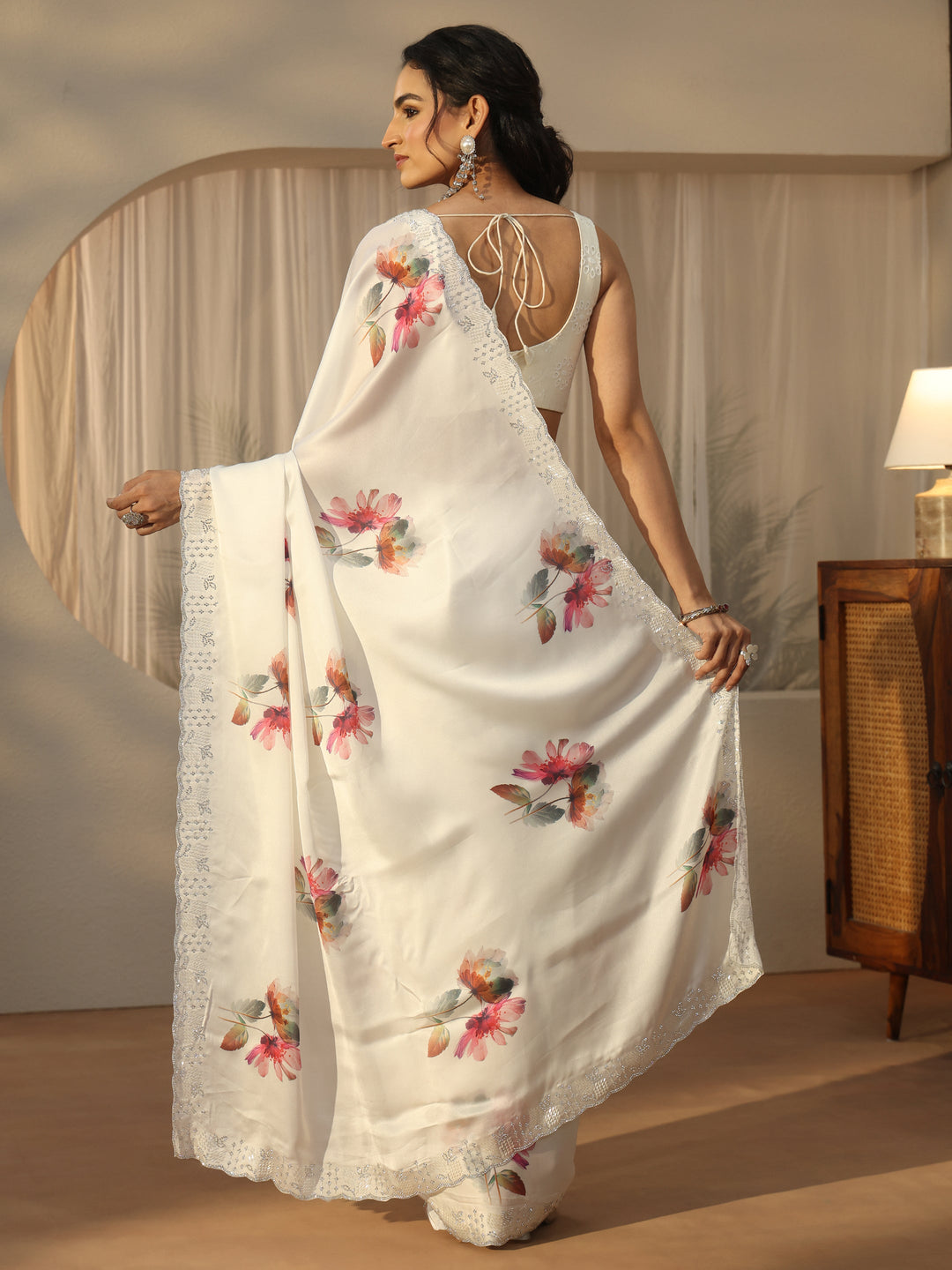Libas Cream Floral Printed Satin Saree with Embellished Border