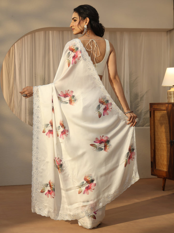 Libas Cream Floral Printed Satin Saree with Embellished Border