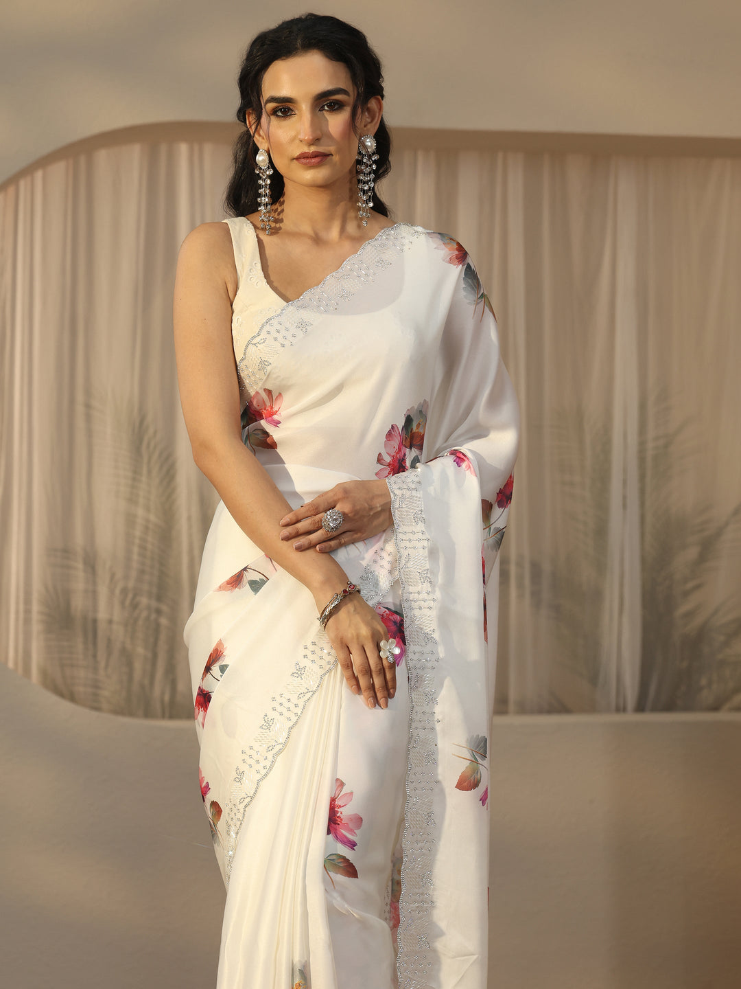 Libas Cream Floral Printed Satin Saree with Embellished Border